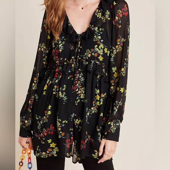 Anthropologie Jamison floral ruffled long v- neck sheer tunic - Picture 1 of 11